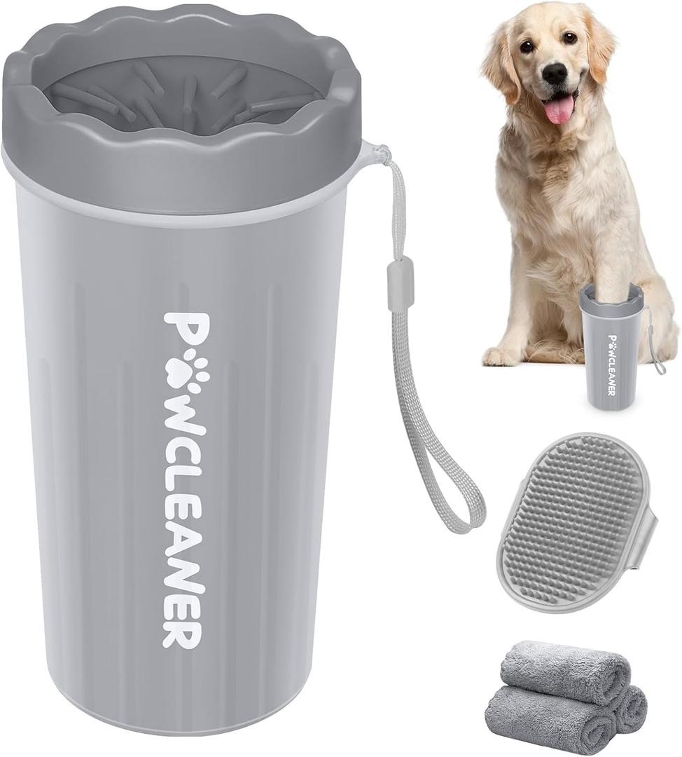 Comotech Dog Paw Washer with Bath Brush - Large, Grey (with 3 Absorbent Towels, Adjustable Handle for Long & Short Haired Dogs)