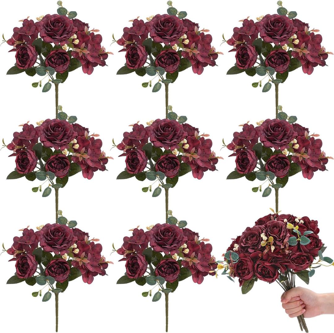 Yunsailing 8 Packs Artificial Peony Flowers Faux Silk Hydrangea Bouquet Vintage Wedding Home Table for Door Decor Reusable Bouquet of Rose Flowers for Valentine Wedding Birthday Party(Burgundy)