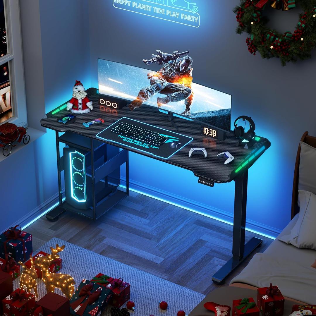 Gaming Standing Desk with LED Lights & Host Shelf, 55" x 24" Gaming Table with Music Sensing APP Control, Underdesk Cable Storage Electric Standing Desk, Black Carbon Fiber PC Table for Home Office