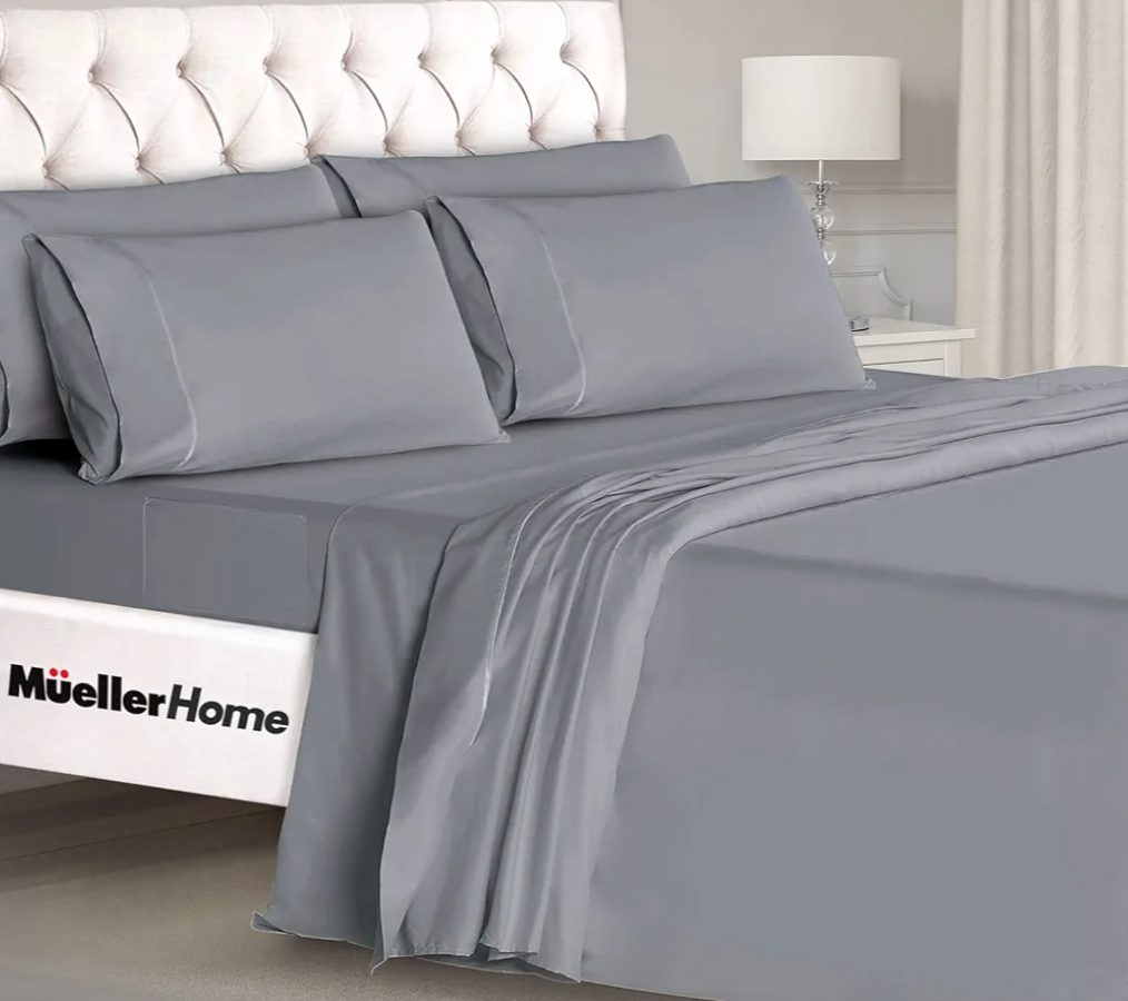 Mueller Ultratemp Bed Sheets Set, Super Soft 1800, 6 Piece California King Sheet Sets, Deep Pocket up to 16", Transfers Heat, Breathes Better, Hypoallergenic, Wrinkle-Resistant, Oeko-TEX, Light Grey