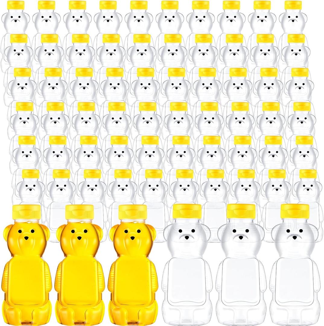 Thenshop 60 Pcs Plastic Bear Honey Bottle Jars Bulk 12 oz Honey Squeeze Bottle Empty with Flip Top Lid Containers Honey Bear Bear Juice Bottle Drinking Cup Yellow Flap Caps for Storing Dispensing