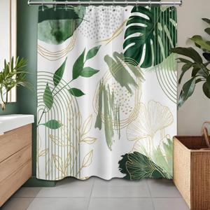 Sage Green and Gold Boho Leaf Shower Curtain Mid Century Modern Minimalist Olive Green Plant Shower Curtains for Bathroom Decor Set, Waterproof Cloth Fabric with Hooks, 70x84 in