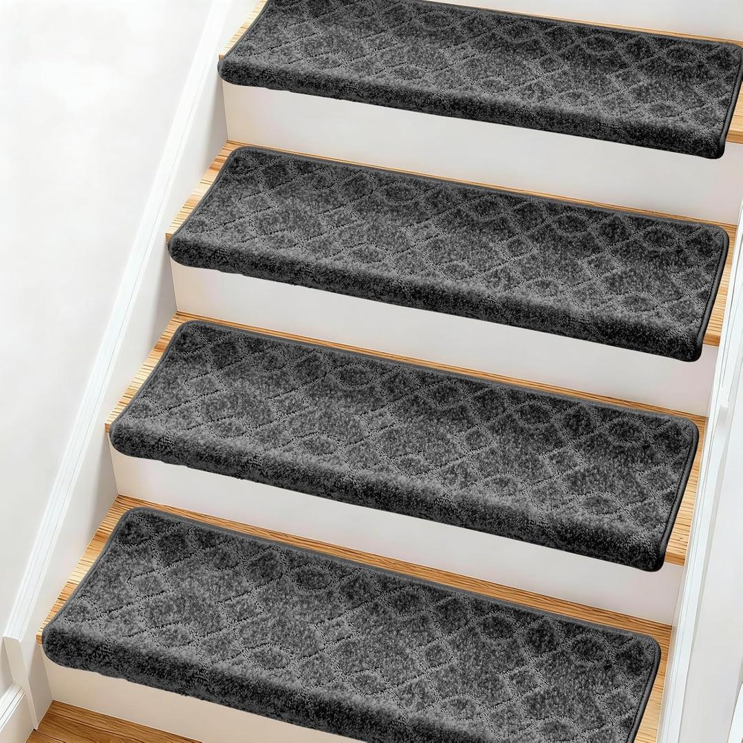 Bullnose Carpet Stair Treads, Stairs Carpet Non Slip 14 Pack, Stair Step Rugs 30"x9.5"x1.7", Soft, Reusable, Peel and Stick Stair Treads for Wooden Steps Indoor (Grey, Diamond Pattern)