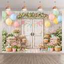 ZTHMOE Fabric 7x5ft Spring Easter Photography Backdrop White Rusitc Wood Door Rabbit Colorful Eggs Flowers Balloons Background Kids Family Party Decorations Photo Props
