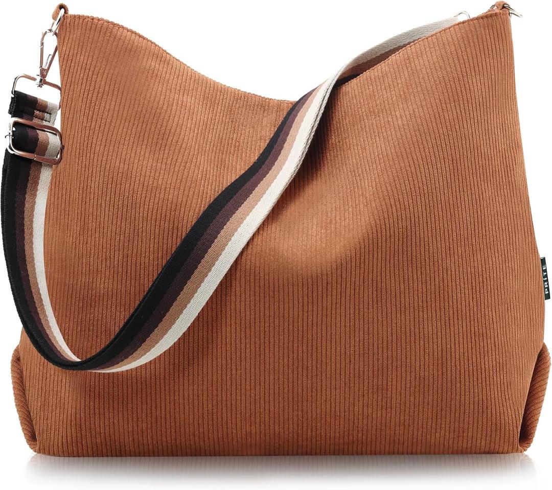 Prite Womens Corduroy Tote Bag with Zipper, Stylish Shoulder Bag with Adjustment Straps for Work, Travel, Daily Use (Brown)