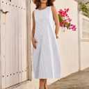LOMON Summer Dresses for Women Cotton Casual Maxi Dress Beach Vacation Long Sundresses Plaid Striped with Pockets