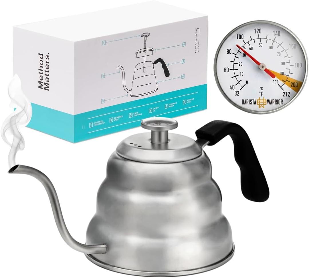 Barista Warrior Gooseneck Kettle with Thermometer - 1L Pour Over Coffee & Tea Kettle, 18/8 Stainless Steel Gooseneck Kettle Pot, Precision Pour Drip Spout, Suitable for All-Stoves (34 fl oz)