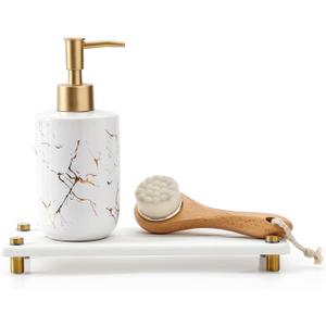 Razborci Water Absorbing Stone Sink Caddy Kitchen Sink Organizer Tray, Diatomite Bathroom Counter Tray, Gold Faucet Drying Mat Coaster Soap Dish Rack Riser Dispenser Sponge Holder, White 10" x 4"