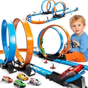 LILYBUDS Toy Car Track Gift Set for Boys Kids Age 3-5 4-7 8-12, Long Race Tracks with 4 Action Loops and 4 High-Speed Slot Die-Cast Race Cars, 35+ Pieces Race Tracks to Create Multiple Configurations