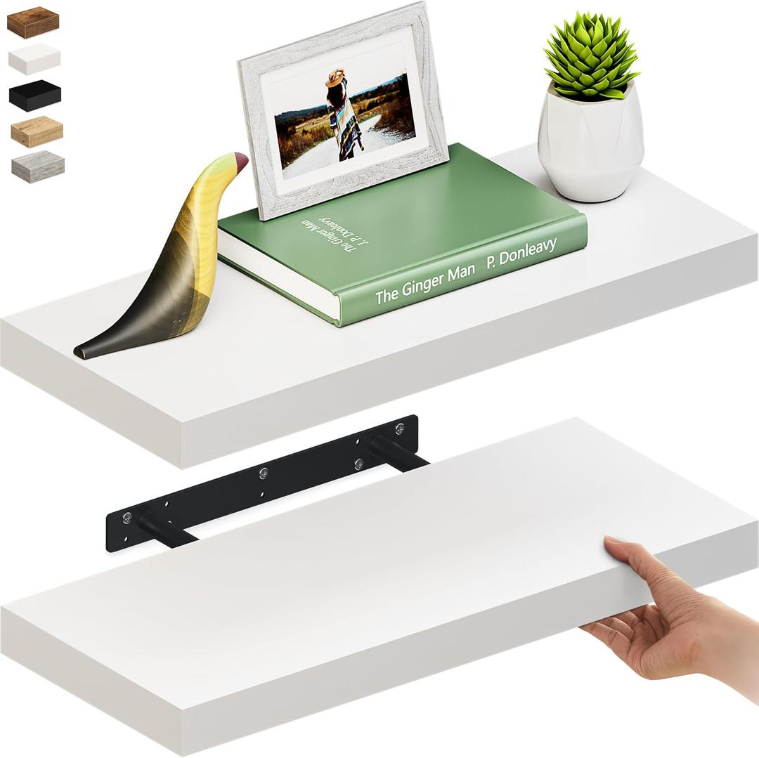 Ballucci Floating Shelves for Wall, 24" Wood Wall Shelf Set of 2, with Invisible Brackets for Bathroom, Living Room, Bedroom, Kitchen, Nursery, 8" Deep, White, 24" - 2 Pieces