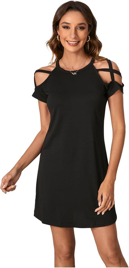 Verdusa Women's Criss Cross Cold Shoulder Short Sleeve Mini T Shirt Dress (Black, M)