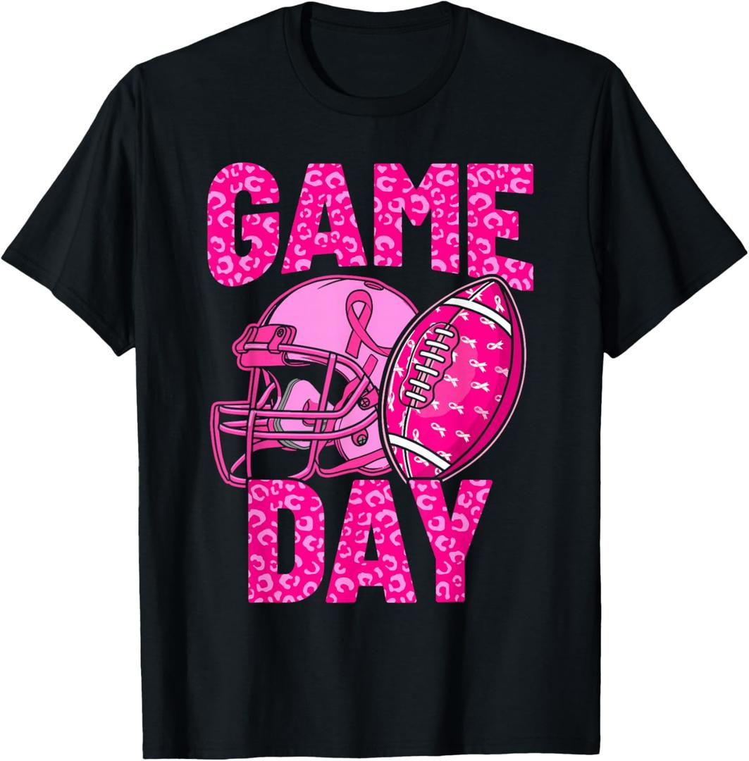 Leopard Game Day Pink American Football Tackle Breast Cancer T-Shirt, L