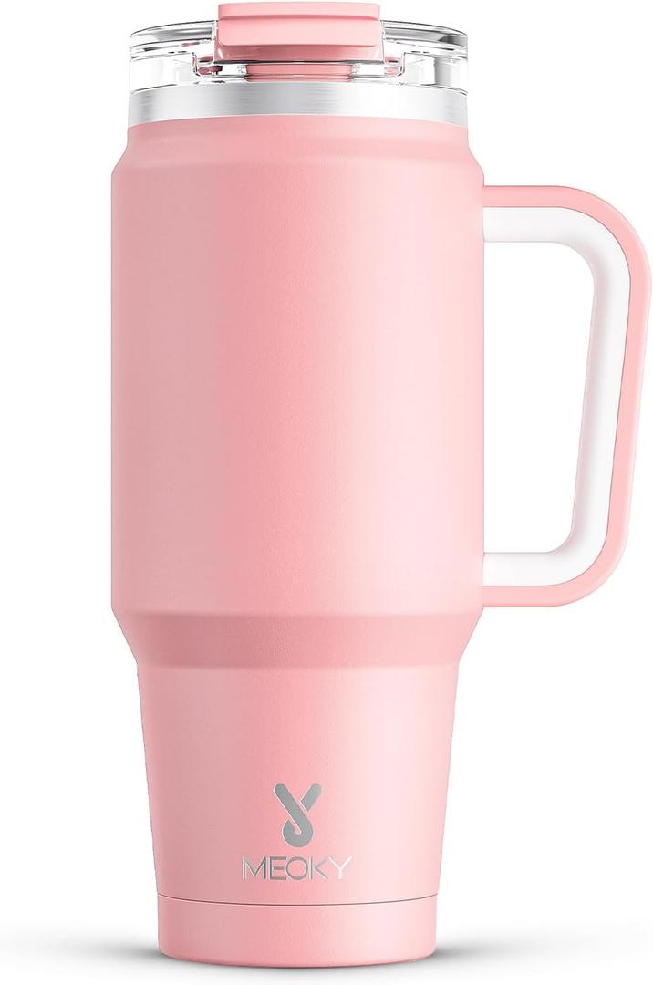 Meoky 32 oz Tumbler with Handle, Insulated Tumbler with Lid and Straw, Stainless Steel Travel Mug, Keeps Cold for 24 Hours, 100% Leak Proof, Fits in Car Cup Holder (Blush)