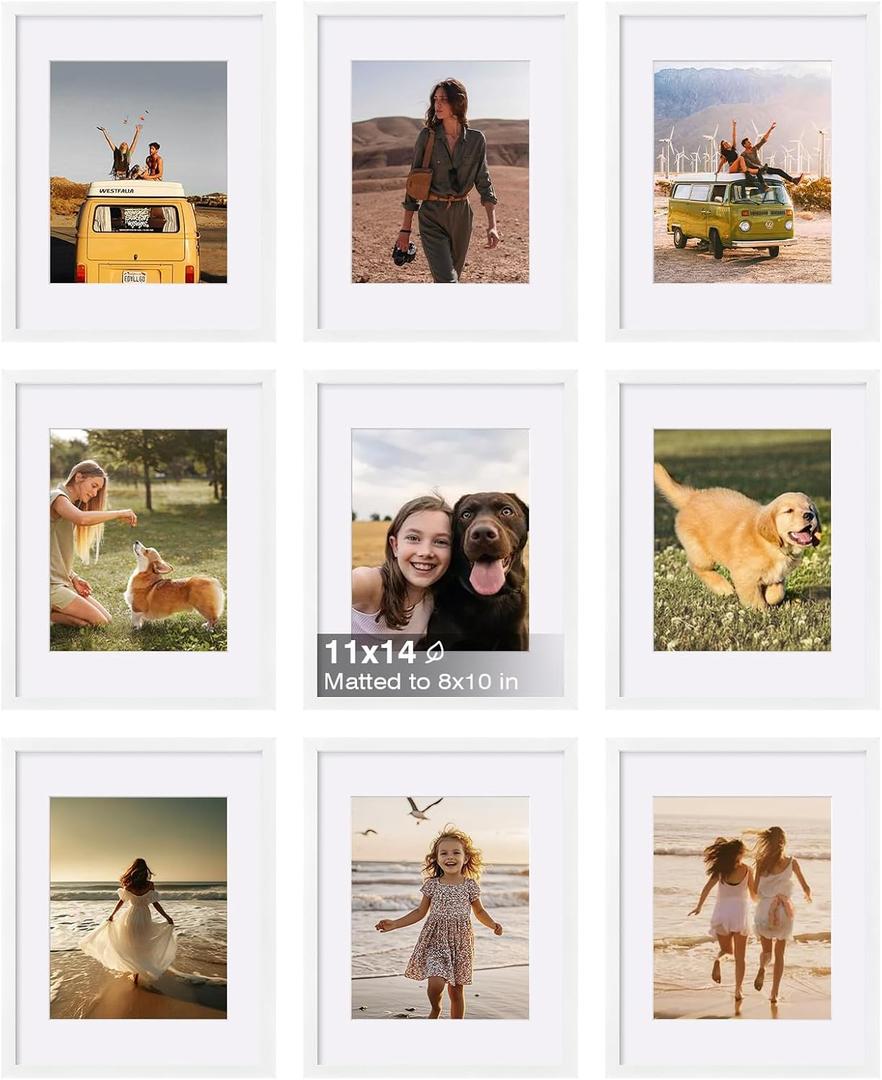 KINLINK 11x14 Picture Frame Set of 9, Wooden 14x11 Photo Frames with Plexiglass for 8x10 Picture with Mat or 11x14 Without Mat, Art Collage for Wall Gallery and Tabletop Display, 11 x 14 Frame White