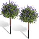 Pertivery 2 Pack Artificial Lavender with Boxwood Topiary Ball23.6" UV Resistant Artificial Shrubs with Ground Spikes, Indoor and Outdoor Fake Evergreen Tree for Porch, Garden, Front Door Decoration