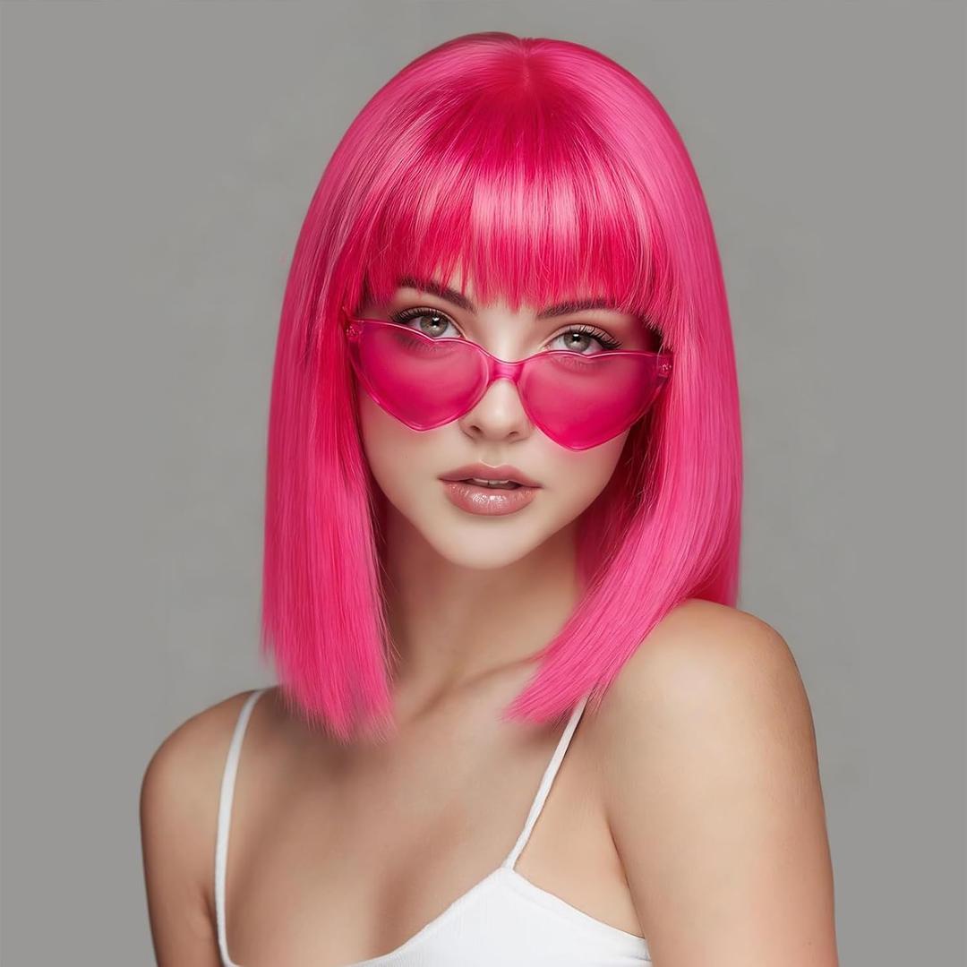 SUKRI Hot Pink Short Bob Wig with Bangs,12 Inch Short Straight Bob Wigs for Women,Shoulder Lenght Heat Resistant Synthetic Hair for Party Cosplay Use