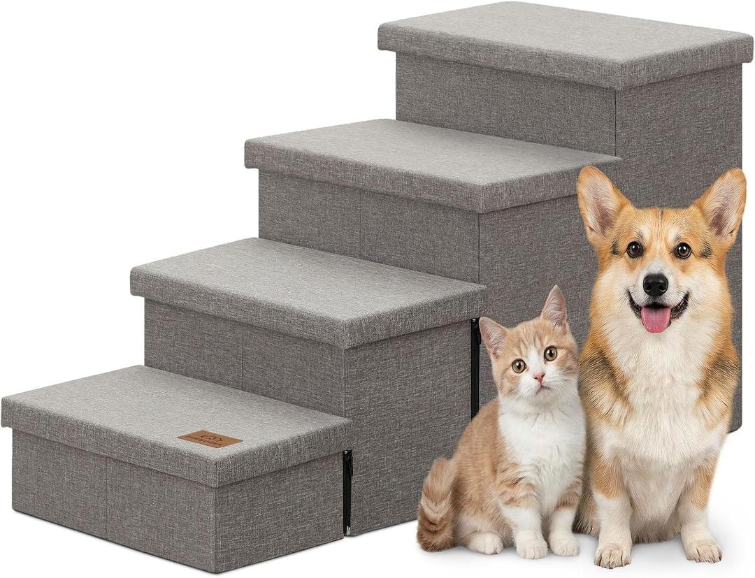 Zerbuger Dog Stairs with Storage 23" H, 4-Step Wider Dog Steps for High Beds Window, Folding Sturdy Pet Stairs Gift for Injured Old Dogs Cats, Ramp for Climbing Car Up to 200 lbs,(Gray, No Condo)