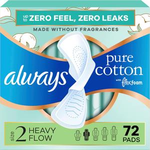 Always Pure Cotton Feminine Pads for Women, FlexFoam Pads with Wings, Size 2, Heavy Absorbency, Unscented, 72 Count (3 Packs of 24)