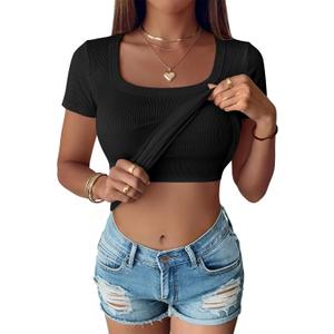 ANRABESS Womens Short Sleeve Tops Built in Bra Summer T Shirts Scoop Neck Ribbed Knit Fitted Basic Tee Casual Going Out Top (Black, L)