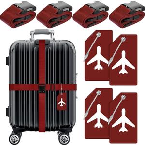 Weewooday 8 Pcs Luggage Straps Suitcase Tags Set for TSA Approved, 4 Travel Adjustable Suitcase Belt, 4 Silicone Luggage Tags with Name ID Card Travel Accessories(Wine Red,Airplane)