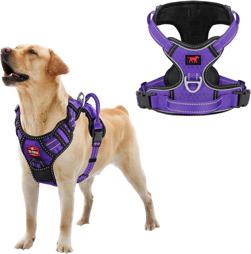 Tuff Pupper No Pull Easy Walk Dog Harness | Heavy Duty Pet Vest | Front & Back Leash Clips | Strong Safety Handle | Reflective Anti Pull Vest | Comfortable Padded Escape Proof Harness (Large, Purple) (Large (Neck: 18-26" , Chest: 21-25"))