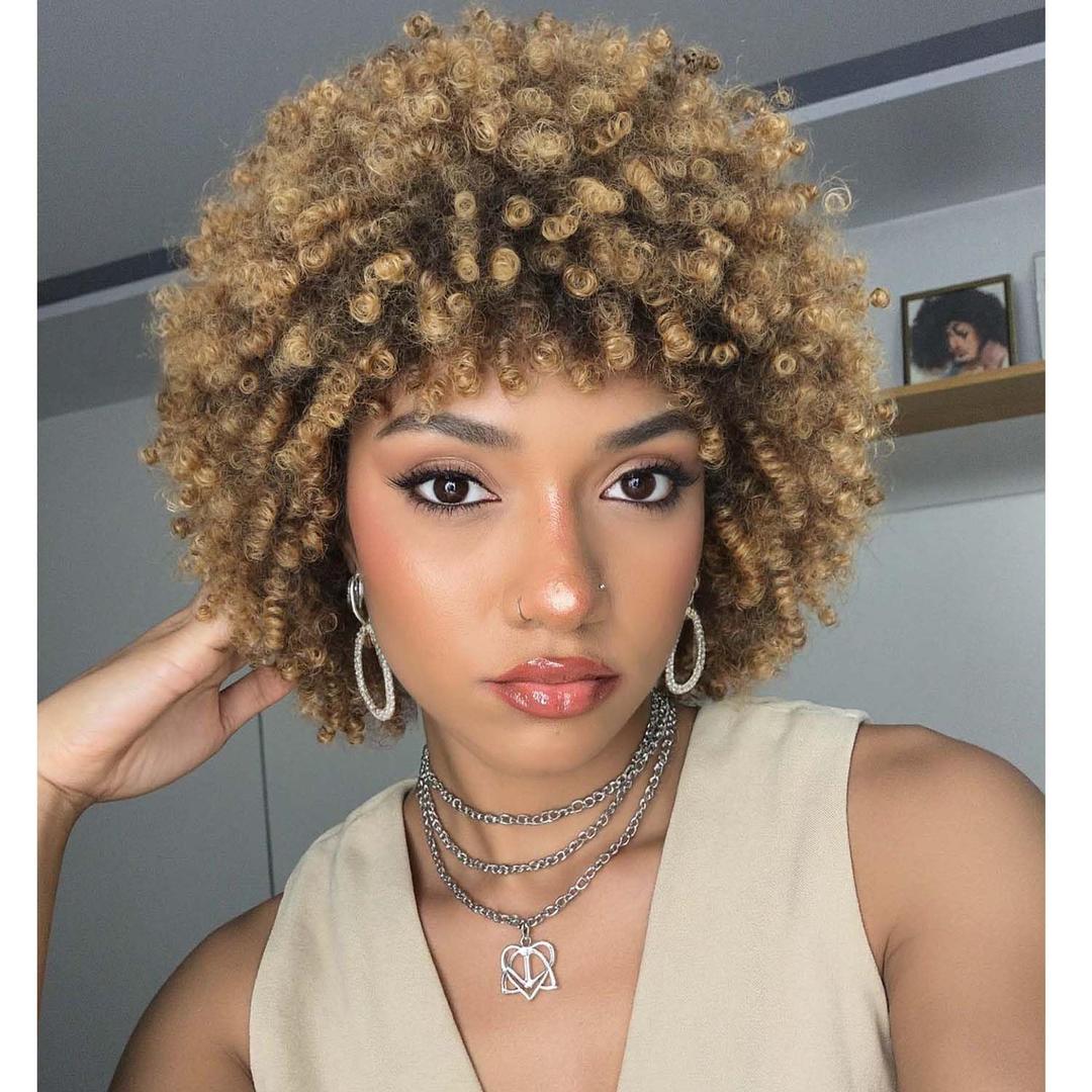 Afro Kinky Curly Wig With Bangs Short Curly Afro Wigs for Black Women 10 Inches Ombre Blonde Synthetic Curly Wigs