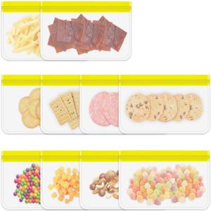 2 x Reusable Snack Bags, 10 Pack 8.7x5.3 Inch Dishwasher Safe Silicone Food Storage Bags for Marinating Meats, Sandwich, Cereal (Yellow)