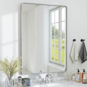 36x24 Bathroom Mirror Rect Wall Mounted Aluminum Metal Frame Silver HD Crystal Clear Tempered Glass, Make-Up Vanity Mirrors for Bedroom, Entryway, Living Room, Horizontally or Vertically