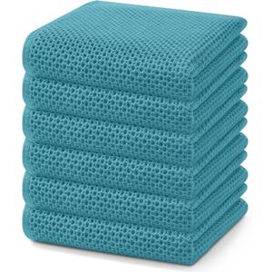Homaxy 100% Cotton Waffle Weave Kitchen Dish Towels, Ultra Soft Absorbent Quick Drying Cleaning Towel, 13 x 28 Inches, 6-Pack, Lake Blue