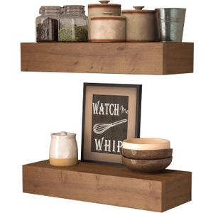 Wall Floating Shelves, Rustic Wood Wall Shelf Handmade - Wooden Shelves for Bathroom Kitchen Livingroom(Light Walnut, 17 Inch - 2 Pack)