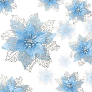 Geosar 24 Pieces Happy New Year Glitter Poinsettia Flowers Layered Artificial Flowers Wedding New Year Tree Ornaments 3/4/6 Inch(Blue)