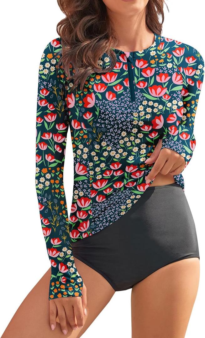 WOWENY Women Rash Guard Long Sleeve Swim Shirts UPF 50 Sun Protection Swimsuit Top Bathing Suit No Bottom (X-Large, A-blue | Tulip)