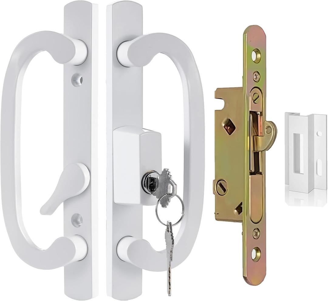 Keyed Sliding Patio Door Handle Replacement with Zinc Diecast I/E Pulls, Offset Thumbturn - Fits 1-3/8" to 2-1/4" Thick Door, 3-15/16" Hole Spacing, Non-Handed, with Mortise Lock + Keeper