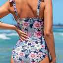 Aleumdr Women's One Piece Swimsuits Tummy Control Bathing Suits V Neck Boho Tie Shoulder Ruched Full Coverage Swimwear (Blue, M)