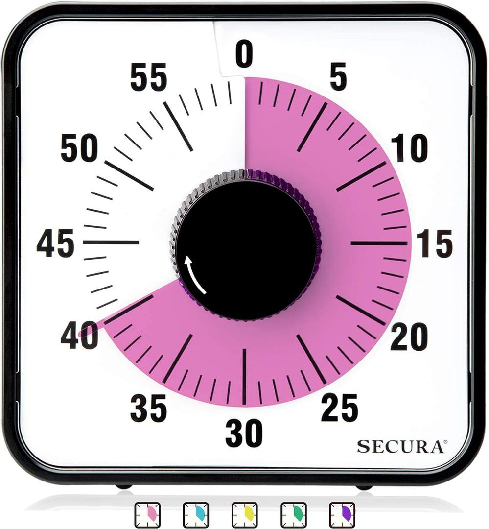 Secura 60-Minute Visual Countdown Timer, 7.5-Inch Oversize Classroom Visual Timer for Kids and Adults, Durable Mechanical Kitchen Timer Clock with Magnetic Backing (Peony Color) 