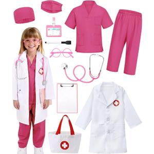 12 PCS Doctor Costume for Kids,Scrubs with Lab Coat/Nurse Costume Kids Set,Girls Boys Doctor Career Day Costumes (10-11 Years, Rose Red)