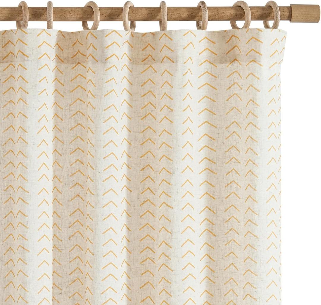 jinchan Linen Boho Curtains for Living Room Semi Sheer Curtains for Bedroom 84 Inches Long Herringbone Printed Farmhouse Drapes, Rod Pocket Window Treatment Curtain Set of 2 Panels Yellow on Linen