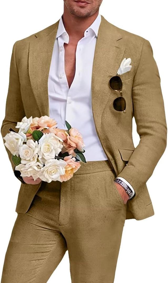Beige Men's Linen Suit 2 Piece Slim Fit Summer Beach Wedding Dress Prom Party Suit Blazer Jacket and Pants (Yellow, L)