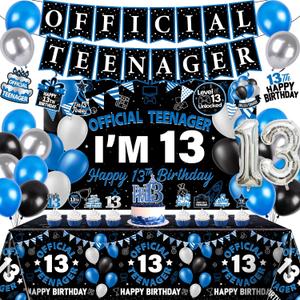 13th Birthday Decorations for Boys, 37Pcs 13 Birthday Boy Decorations Official Teenager Banner Backdrop, Happy 13th Birthday Tablecloth, 13 Year Old Boy Birthday Balloons Hanging Swirls Cake Toppers