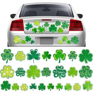 24Pcs St. Patrick's Day Reflective Car Magnets Green Shamrock Magnetic Stickers Clover Garage Magnet Decals for Irish Holiday Decor (Not for Aluminum Alloy Vehicle)