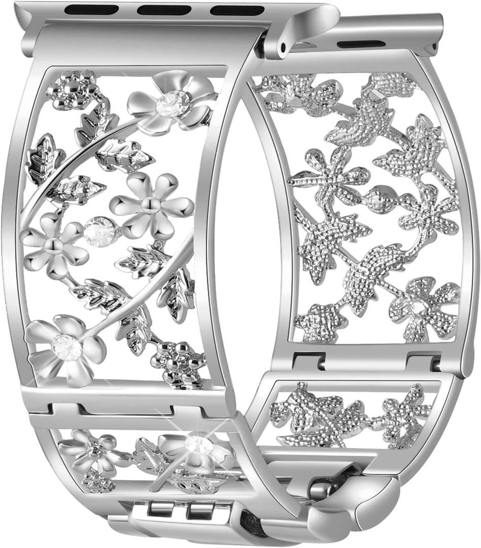 Floral Band Compatible with Apple Watch Jewelry Band 38mm 40mm 41mm 42mm iWatch Bands Series 11 10 9 8 7,Bling Crystal Bracelet Hollow Metal Strap,Fashion Women Wristband(38/40/41/42mm,Silver)