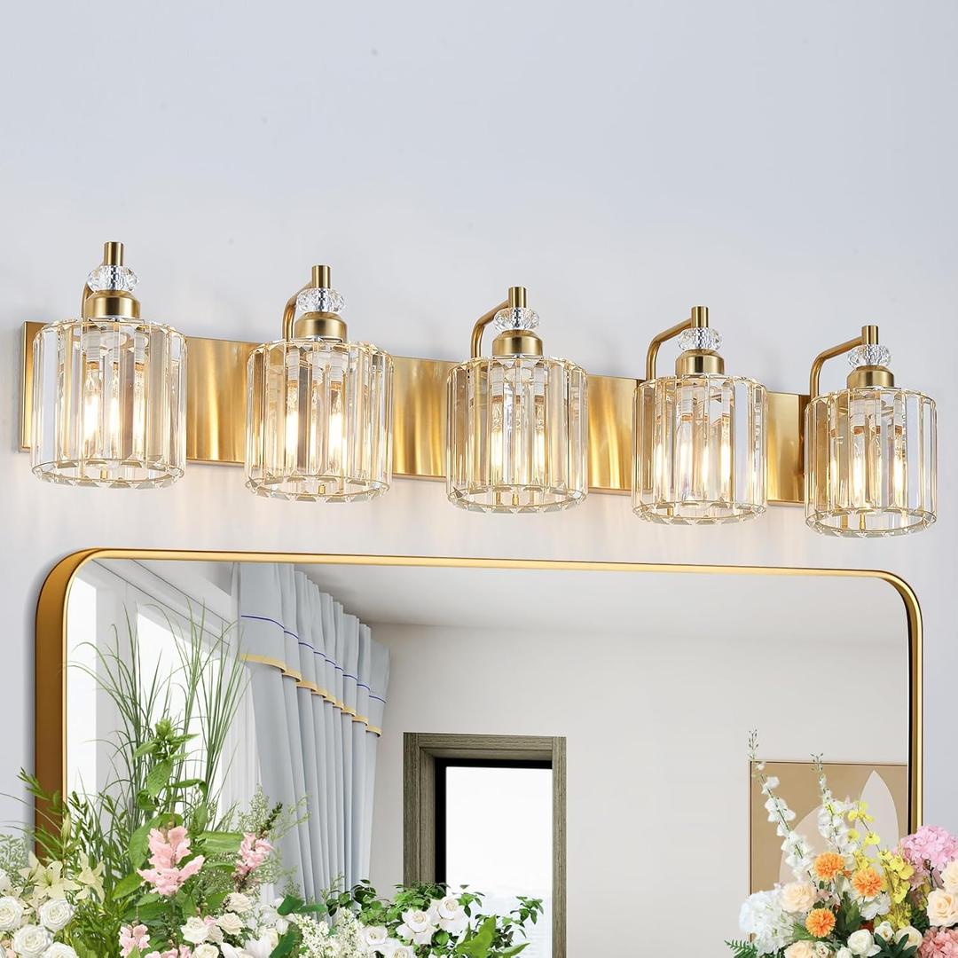 5-Light Modern Vanity Lights Brushed Brass Bathroom Light Fixtures Over Mirror Gold Bathroom Vanity Lighting with Crystal Shade E26 Base Wall Sconce for Bedroom Living Room Restroom Wall Lamp