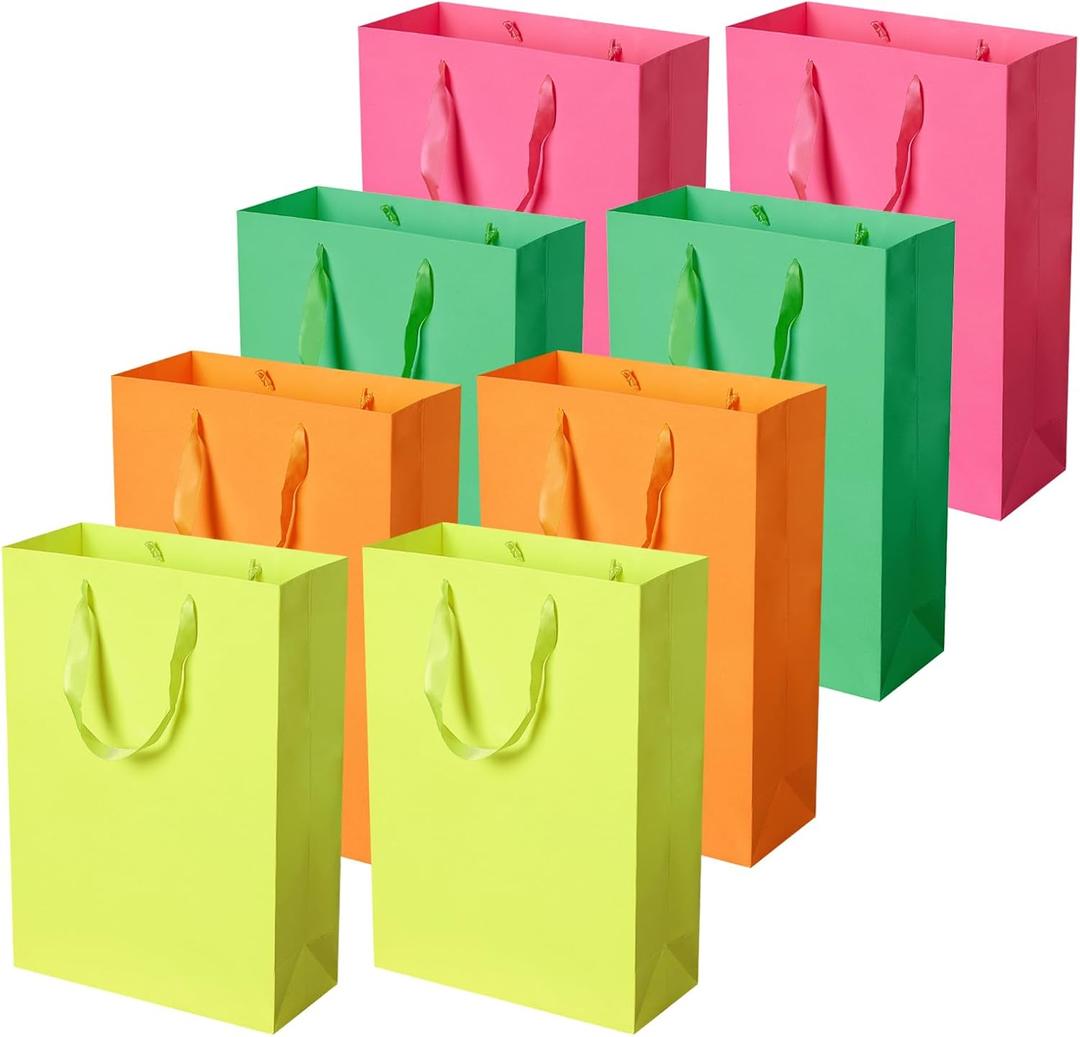 Pikalon 8 pcs Neon Gift Bags with Handles, Large 9.84"x4.33"x14.17" Bright Color Gift Wrap Paper Bag Party Favor Bag Boutique Retail Bags for Wedding Birthday Baby Shower Wedding Welcome Party Supplies (Pink+Yellow+Orange+Green, 9.84x4.33x14.17 Inches)