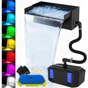 All-in-1 Pond Waterfall Kit | 550GPH Pond Filter Pump | 8-inch Stainless Steel Waterfall Spillway | Remote Control LED Lights | 4-Stage Filtration Outdoor Waterfall for Water Feature, Garden, Pool