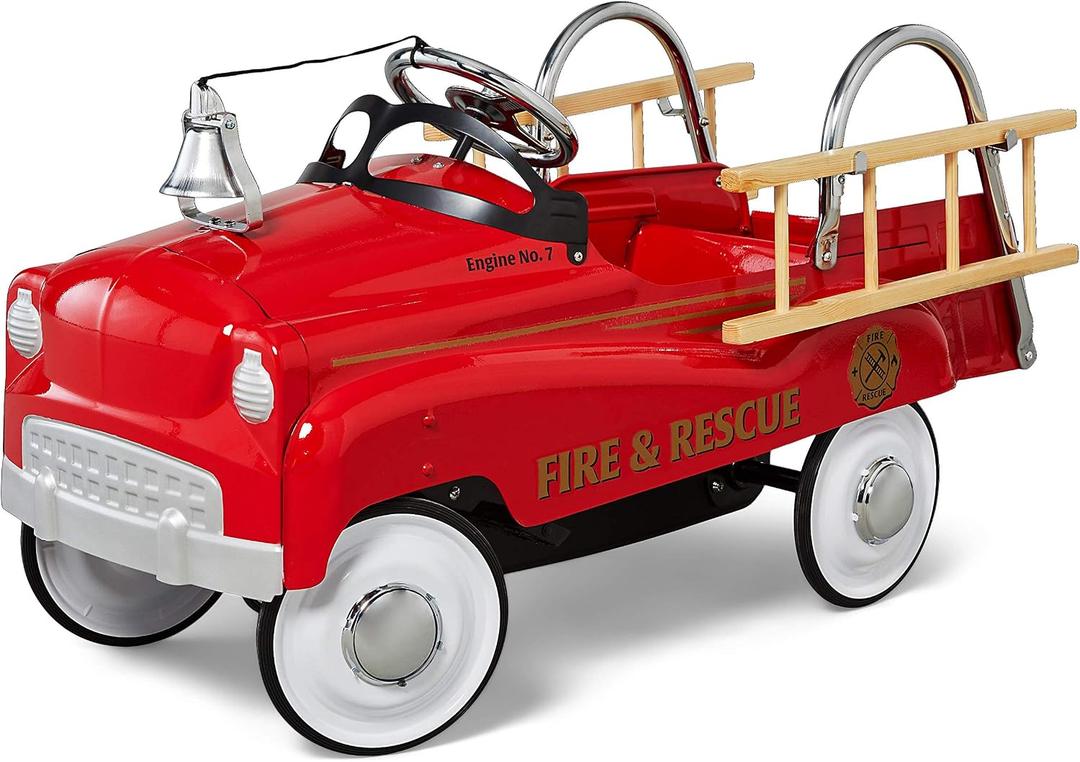 Kid Trax Fire Truck Pedal Car for Toddlers, Ages 3-5, Easy Assembly, Durable Steel, Indoor/Outdoor Ride-On, 60lbs Max, Classic Style, Functional Steering, Red, Kids Fire Truck Ride-On, Vintage, Large