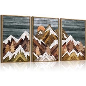 BINCUE Rustic Mountain Canvas Wall Picture Framed Mountain Wall Art Nature Landscape Artwork Boho Mountain Wall Decor Farmhouse Painting for Office Living Room Bedroom 16x24 Inches Set of 3