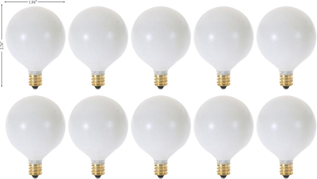 KOR (Pack of 10) G16.5 White Finsh Decorative (E12) Candelabra Base Globe Shape Incandescent 120V G16 1/2 Light Bulbs (25)