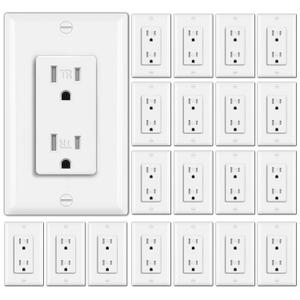 BESTTEN 20 Pack 15 Amp Tamper Resistant Decor Receptacle, Standard Electrical Wall Outlet, Residential and Commercial Use, 15A/125V/1875W, Wallplate Included, UL Listed, White