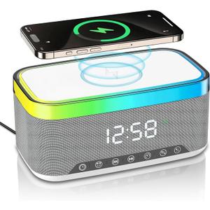 Bluetooth Speaker with Wireless Charging & Digital Clock, LED Display, 15W Qi Charging Station, 2x10W Speakers, 6 Ambient Lights, BT5.3/AUX/TF/USB, for Home, Bedside, Travel, Birthday Presen (White)