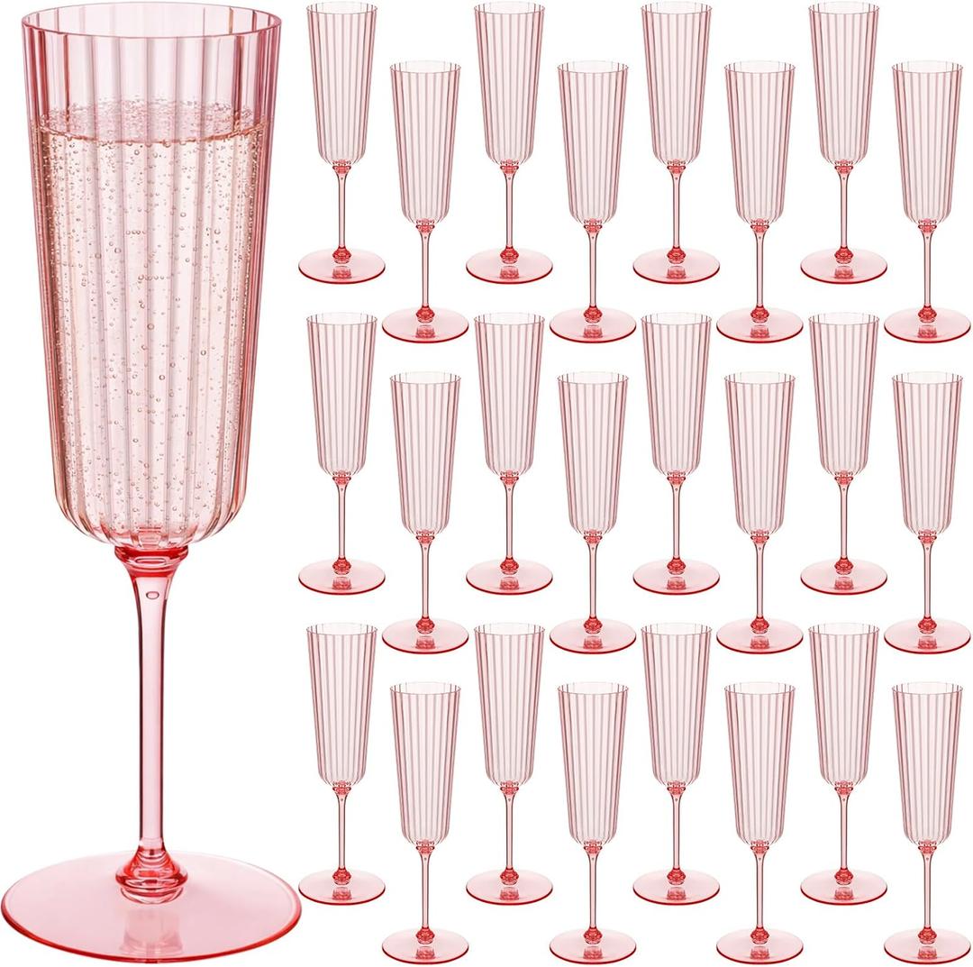 Jingmore 24 Pcs Plastic Ribbed Champagne Flutes With Stem, 6.4 oz Clear Vintage Disposable Champagne Glasses for Wedding Birthday Anniversary (Pink)